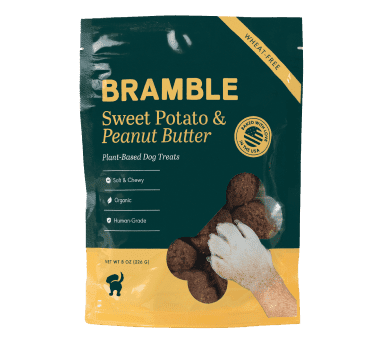 A pouch of Sweet Potato & Peanut Butter plant-based dog treats